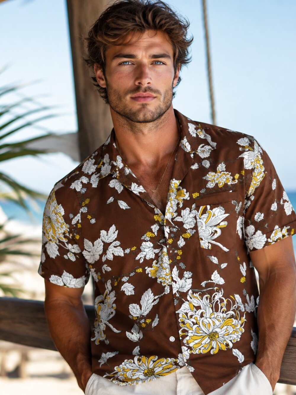 Brown Floral Kimono Shirt Laydown|Hawaiian Shirt SeawindName| Size XL|Men's